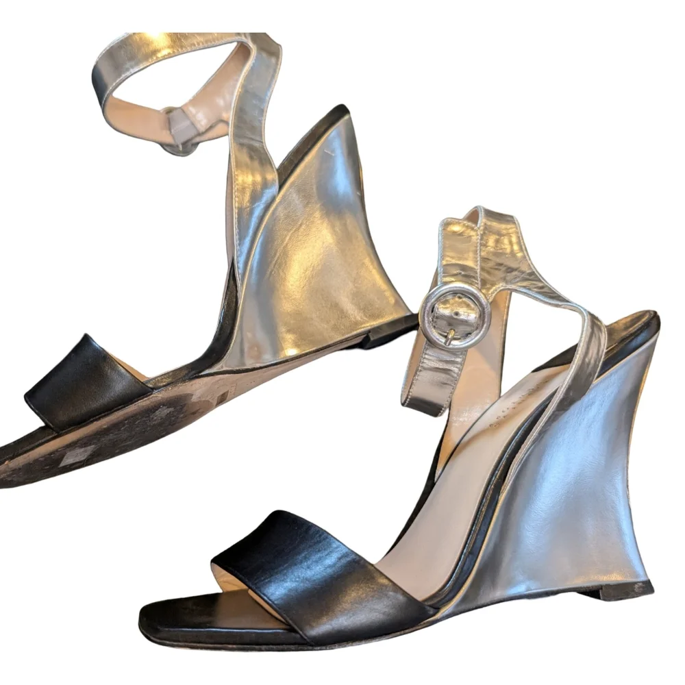 Barneys New York Silver Wedge Sandals Size 9 Ankle Strap Heels Designer Formal